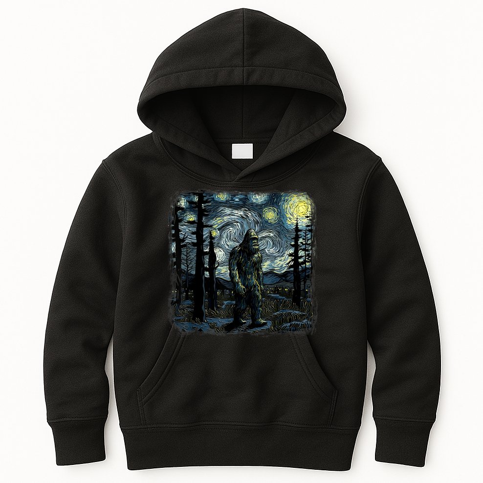 Bigfoot Starry Night Sasquatch Van Gogh Sky Painting Art Kids Hoodie
