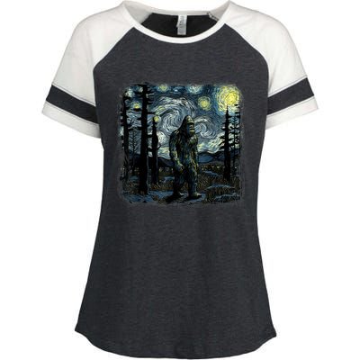 Bigfoot Starry Night Sasquatch Van Gogh Sky Painting Art Enza Ladies Jersey Colorblock Tee