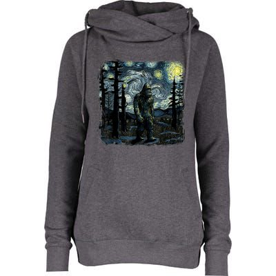 Bigfoot Starry Night Sasquatch Van Gogh Sky Painting Art Womens Funnel Neck Pullover Hood