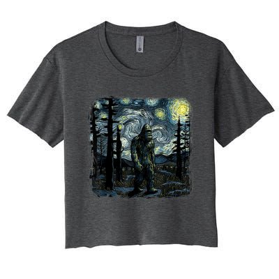 Bigfoot Starry Night Sasquatch Van Gogh Sky Painting Art Women's Crop Top Tee