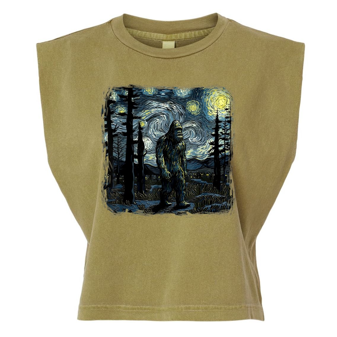 Bigfoot Starry Night Sasquatch Van Gogh Sky Painting Art Garment-Dyed Women's Muscle Tee