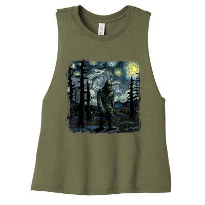 Bigfoot Starry Night Sasquatch Van Gogh Sky Painting Art Women's Racerback Cropped Tank