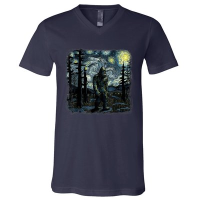 Bigfoot Starry Night Sasquatch Van Gogh Sky Painting Art V-Neck T-Shirt