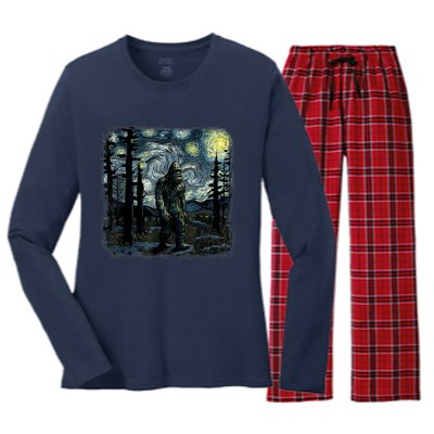 Bigfoot Starry Night Sasquatch Van Gogh Sky Painting Art Women's Long Sleeve Flannel Pajama Set 