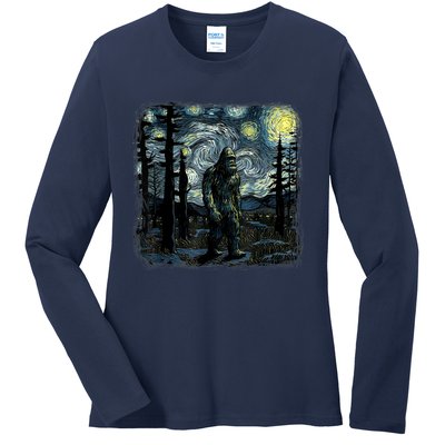 Bigfoot Starry Night Sasquatch Van Gogh Sky Painting Art Ladies Long Sleeve Shirt