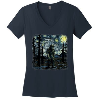 Bigfoot Starry Night Sasquatch Van Gogh Sky Painting Art Women's V-Neck T-Shirt