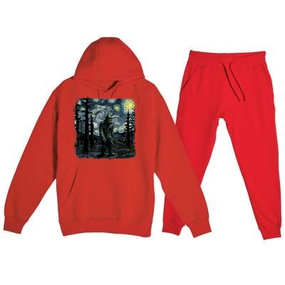 Bigfoot Starry Night Sasquatch Van Gogh Sky Painting Art Premium Hooded Sweatsuit Set