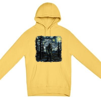 Bigfoot Starry Night Sasquatch Van Gogh Sky Painting Art Premium Pullover Hoodie