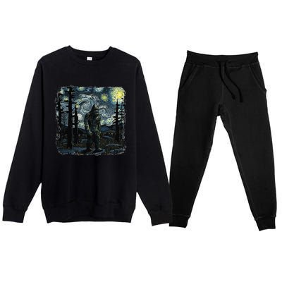 Bigfoot Starry Night Sasquatch Van Gogh Sky Painting Art Premium Crewneck Sweatsuit Set