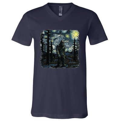 Bigfoot Starry Night Sasquatch Van Gogh Sky Painting Art V-Neck T-Shirt