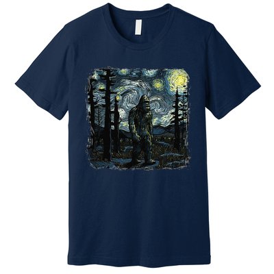 Bigfoot Starry Night Sasquatch Van Gogh Sky Painting Art Premium T-Shirt