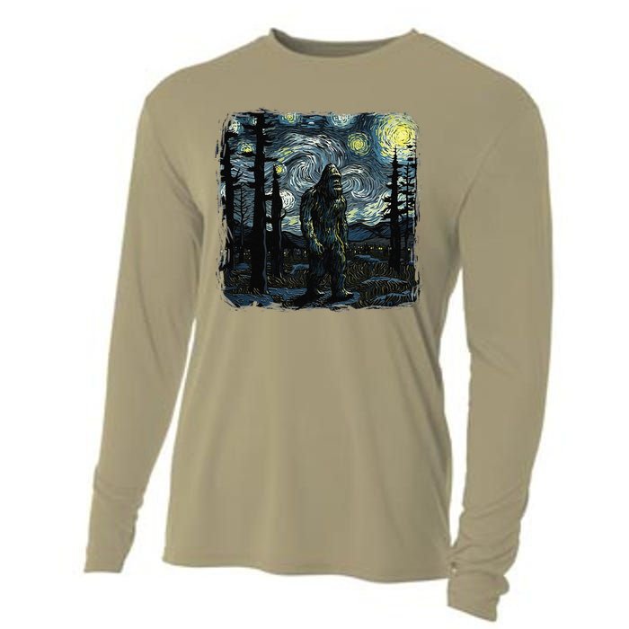 Bigfoot Starry Night Sasquatch Van Gogh Sky Painting Art Cooling Performance Long Sleeve Crew