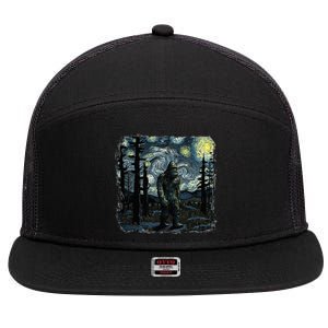 Bigfoot Starry Night Sasquatch Van Gogh Sky Painting 7 Panel Mesh Trucker Snapback Hat