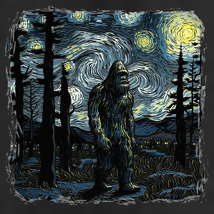 Bigfoot Starry Night Sasquatch Van Gogh Sky Painting 7 Panel Mesh Trucker Snapback Hat