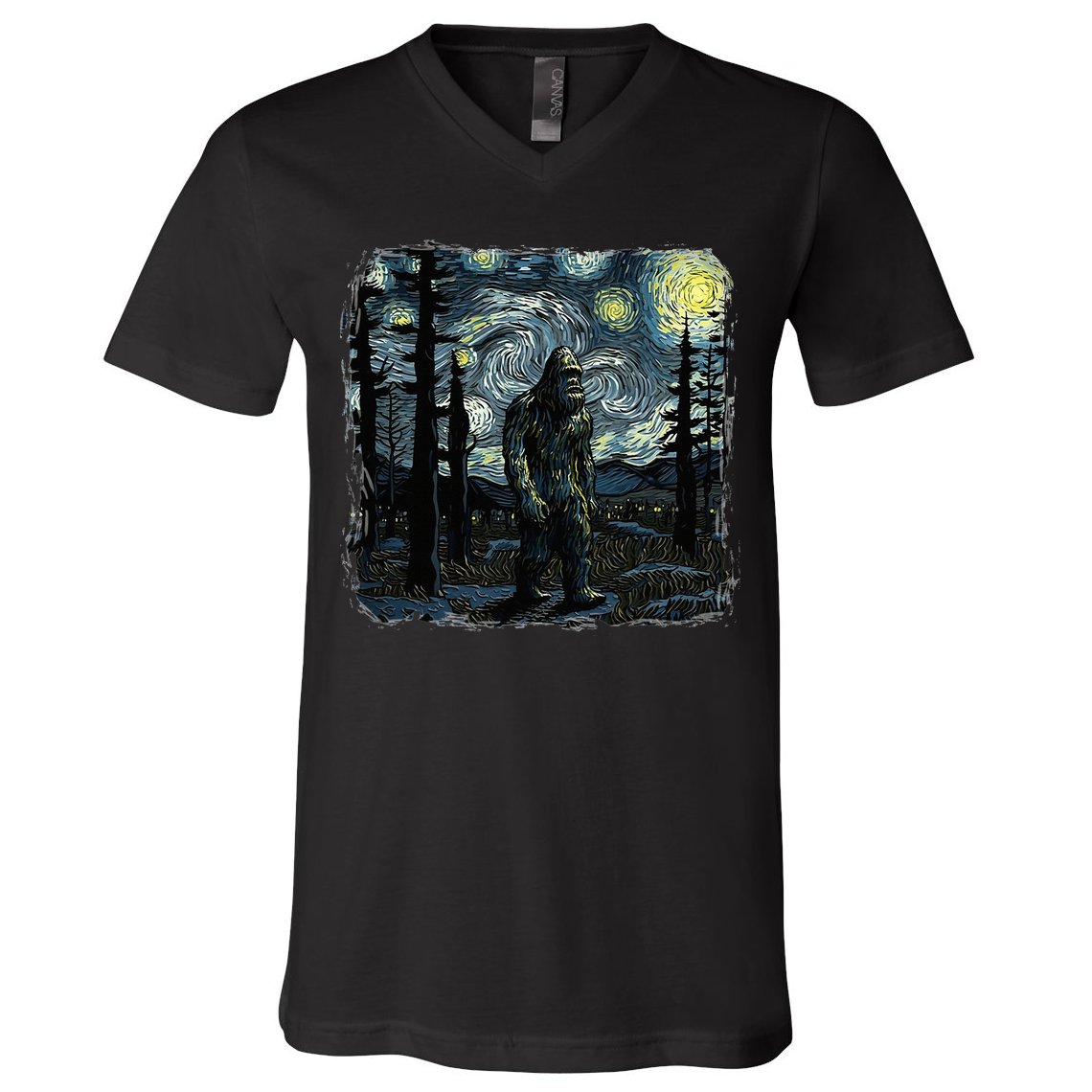 Bigfoot Starry Night Sasquatch Van Gogh Sky Painting V-Neck T-Shirt