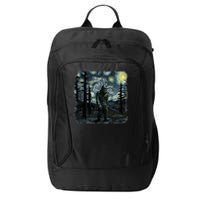 Bigfoot Starry Night Sasquatch Van Gogh Sky Painting City Backpack