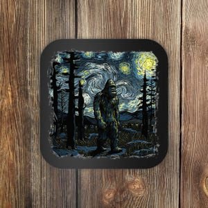 Bigfoot Starry Night Sasquatch Van Gogh Sky Painting Coaster