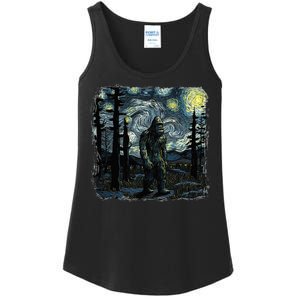 Bigfoot Starry Night Sasquatch Van Gogh Sky Painting Ladies Essential Tank