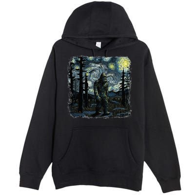 Bigfoot Starry Night Sasquatch Van Gogh Sky Painting Premium Pullover Hoodie