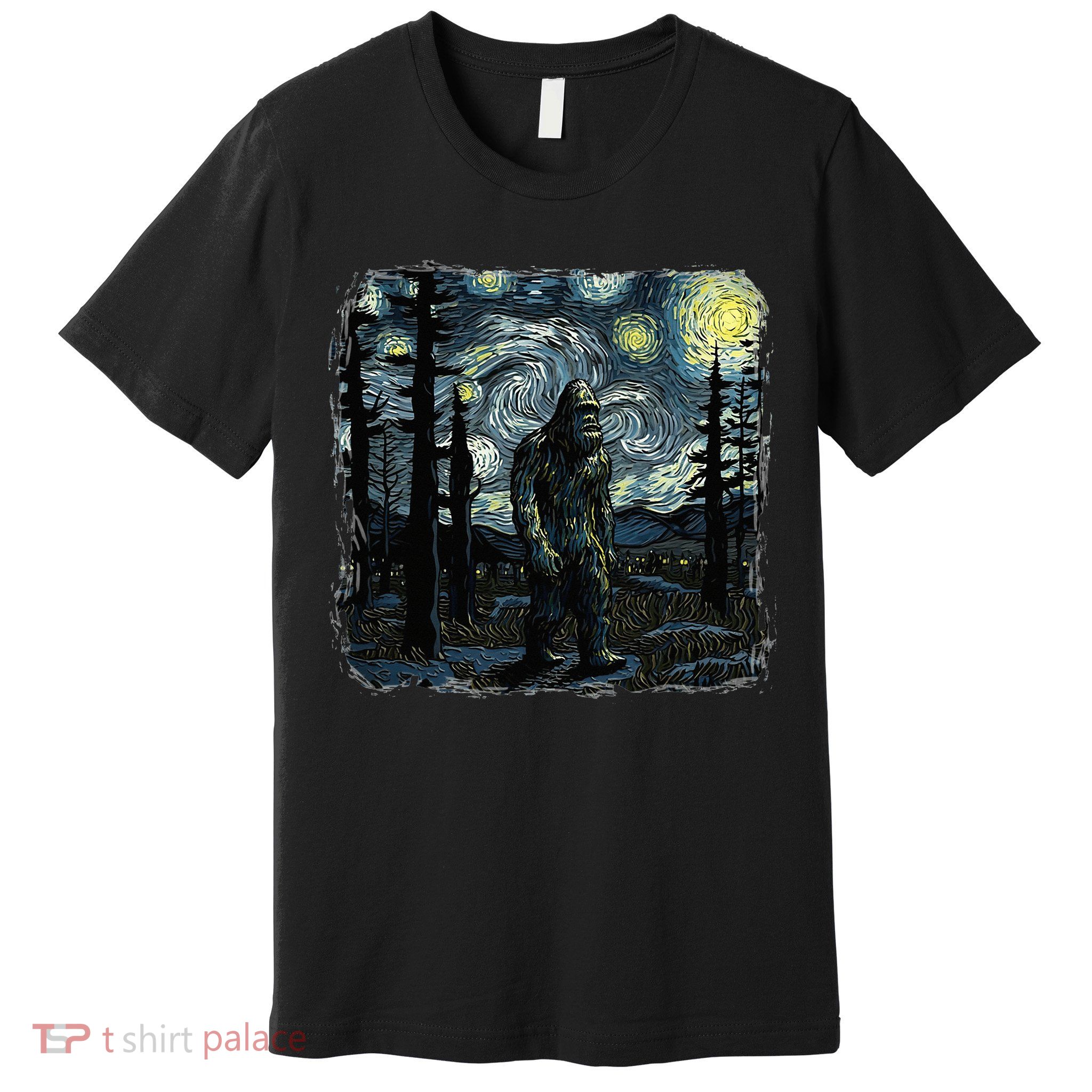 Bigfoot Starry Night Sasquatch Van Gogh Sky Painting Premium T-Shirt