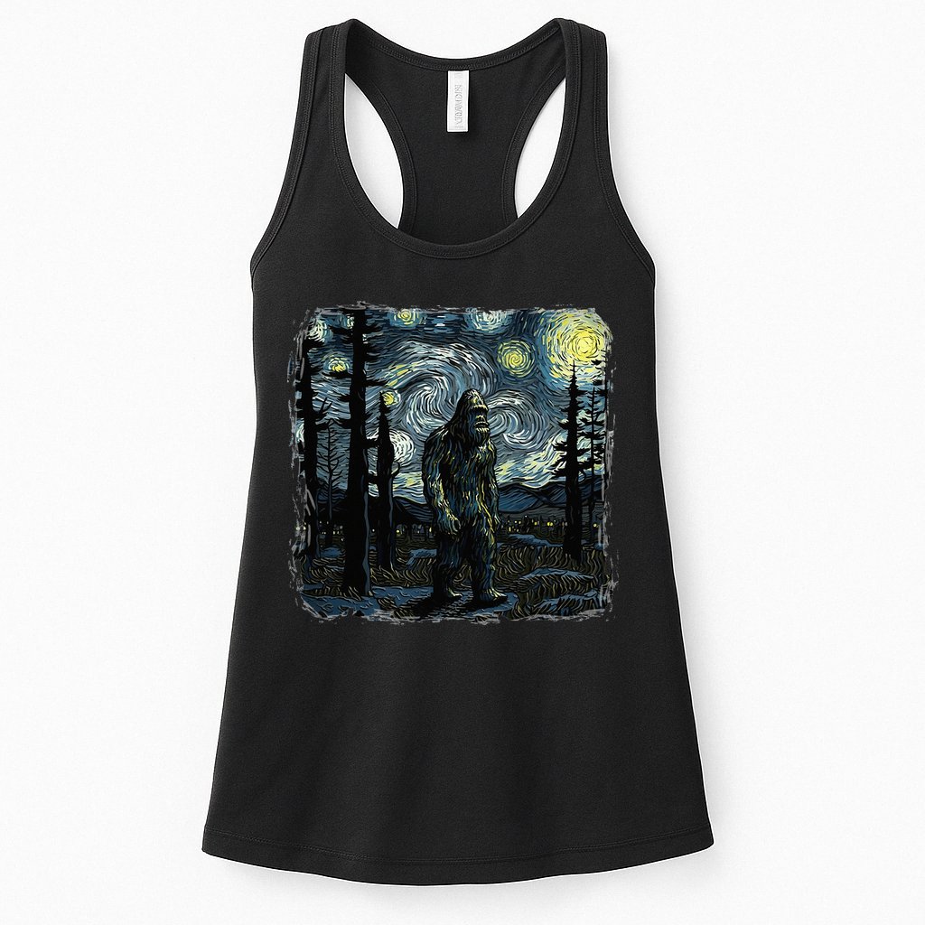 Bigfoot Starry Night Sasquatch Van Gogh Sky Painting Womens Tank Top