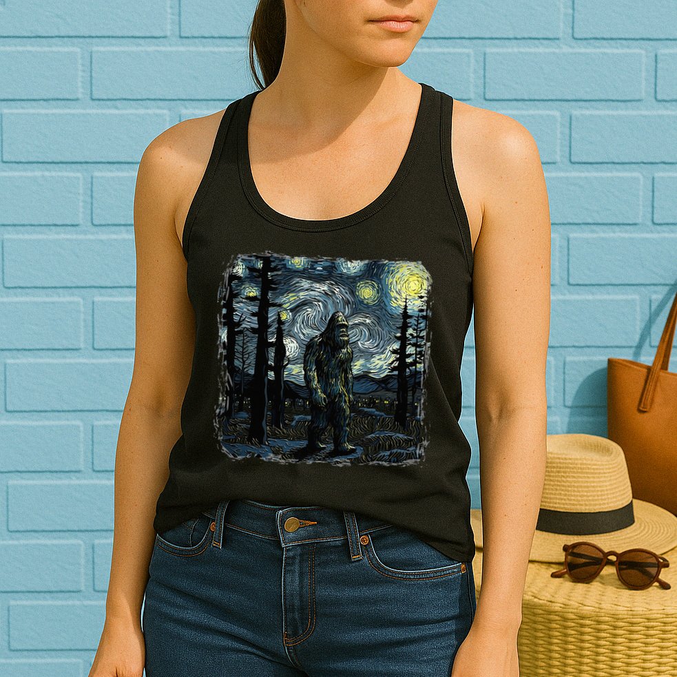 Bigfoot Starry Night Sasquatch Van Gogh Sky Painting Womens Tank Top