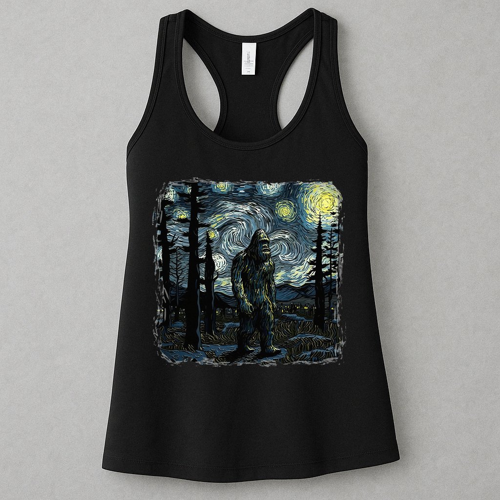 Bigfoot Starry Night Sasquatch Van Gogh Sky Painting Womens Tank Top