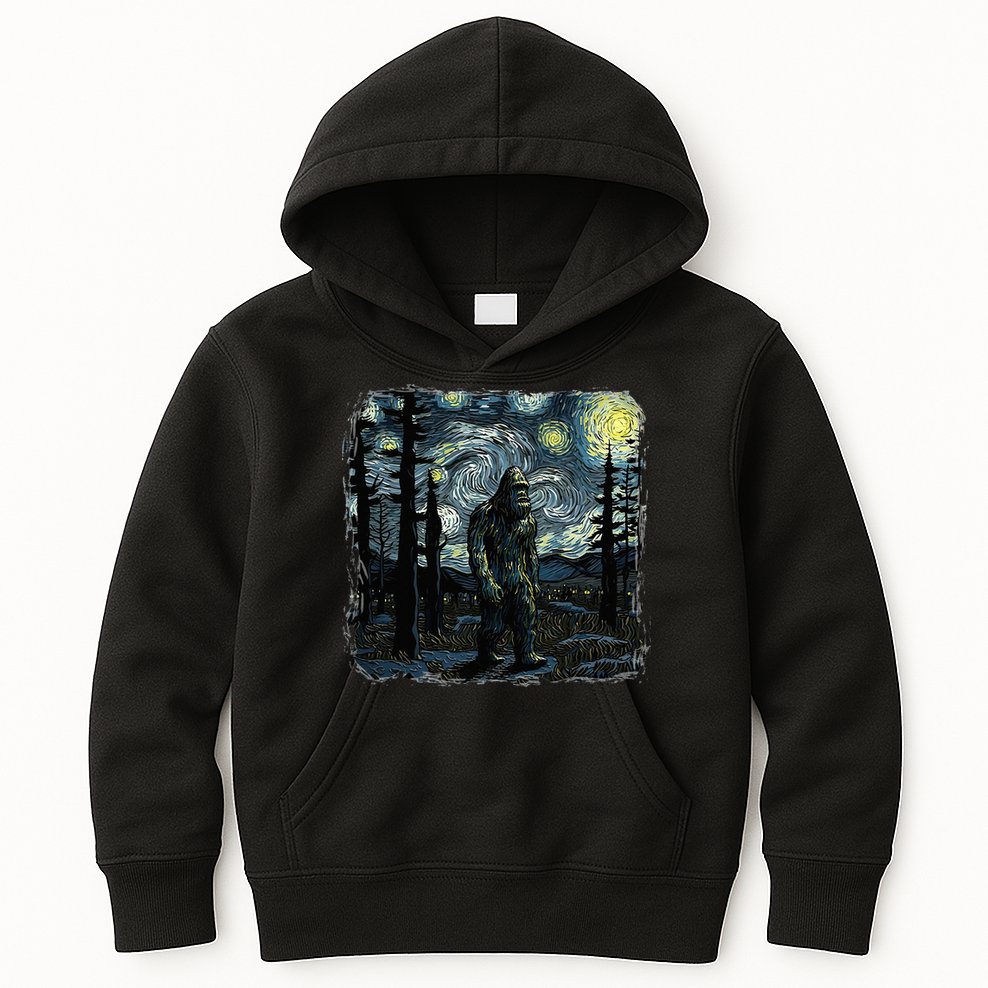 Bigfoot Starry Night Sasquatch Van Gogh Sky Painting Kids Hoodie