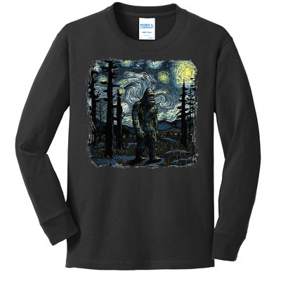 Bigfoot Starry Night Sasquatch Van Gogh Sky Painting Kids Long Sleeve Shirt