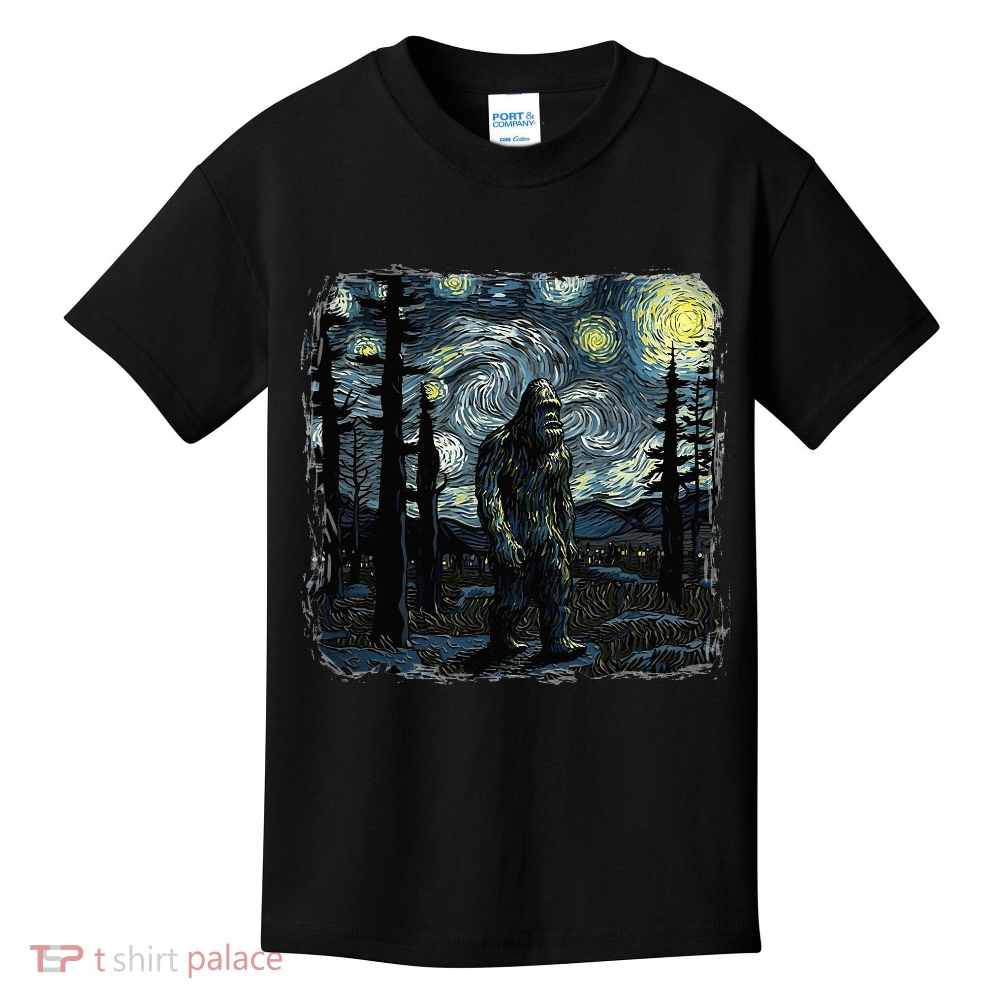 Bigfoot Starry Night Sasquatch Van Gogh Sky Painting Kids T-Shirt