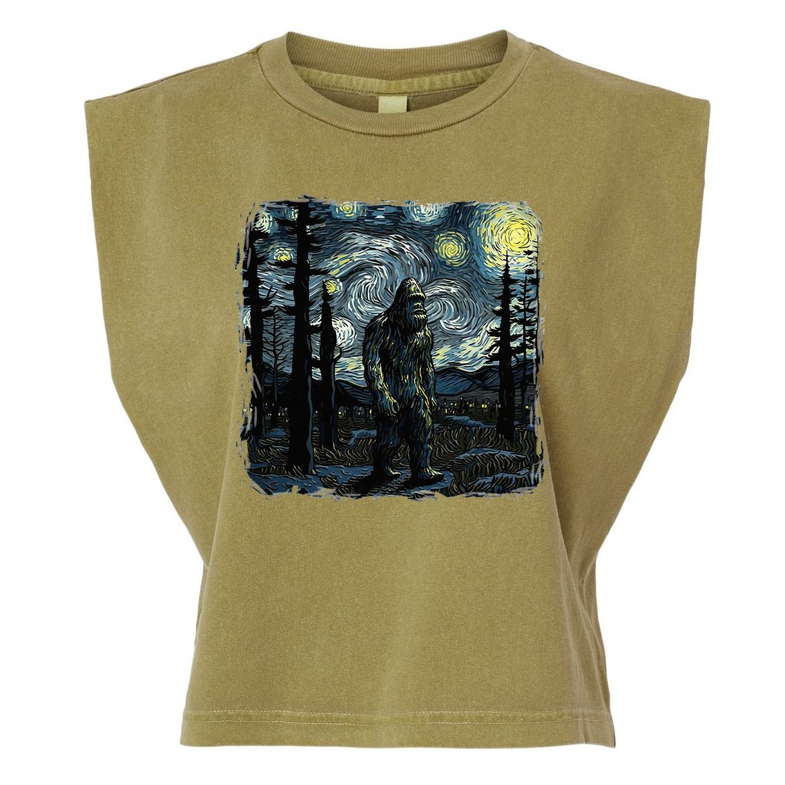 Bigfoot Starry Night Sasquatch Van Gogh Sky Painting Garment-Dyed Women's Muscle Tee