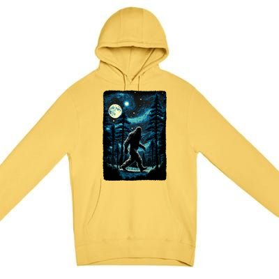 Bigfoot Starry Night Sasquatch Van Gogh Sky Painting Art Premium Pullover Hoodie