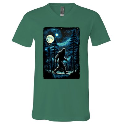 Bigfoot Starry Night Sasquatch Van Gogh Sky Painting Art V-Neck T-Shirt