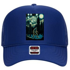 Bigfoot Starry Night Sasquatch Van Gogh Sky Painting Art High Crown Mesh Back Trucker Hat