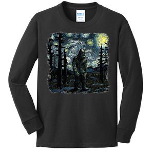 Bigfoot Starry Night Sasquatch Van Gogh Sky Painting Art Kids Long Sleeve Shirt