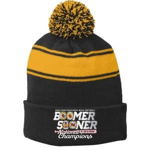 Boomer Sooners National Champs Softball 2024 Wcws 4 Rings Stripe Pom Pom Beanie