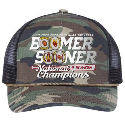 Boomer Sooners National Champs Softball 2024 Wcws 4 Rings Retro Rope Trucker Hat Cap