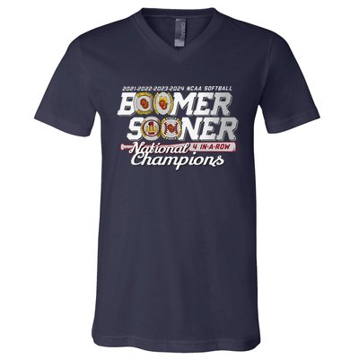 Boomer Sooners National Champs Softball 2024 Wcws 4 Rings V-Neck T-Shirt