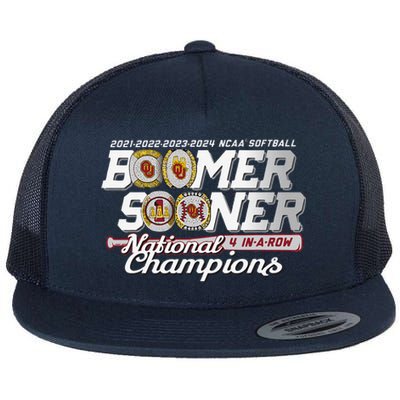 Boomer Sooners National Champs Softball 2024 Wcws 4 Rings Flat Bill Trucker Hat