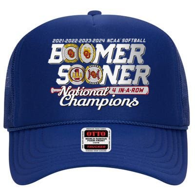 Boomer Sooners National Champs Softball 2024 Wcws 4 Rings High Crown Mesh Back Trucker Hat