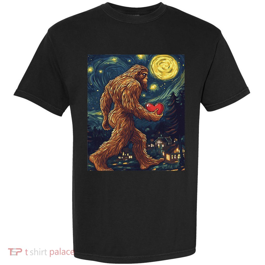 Bigfoot Starry Night Van Gogh Sasquatch Valentines Day Garment-Dyed Heavyweight T-Shirt