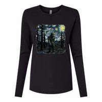 Bigfoot Starry Night Sasquatch Van Gogh Sky Painting Art Womens Cotton Relaxed Long Sleeve T-Shirt