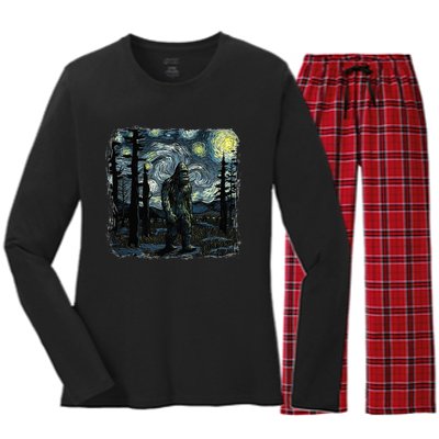 Bigfoot Starry Night Sasquatch Van Gogh Sky Painting Art Women's Long Sleeve Flannel Pajama Set 