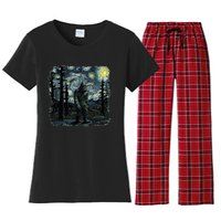 Bigfoot Starry Night Sasquatch Van Gogh Sky Painting Art Women's Flannel Pajama Set