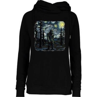 Bigfoot Starry Night Sasquatch Van Gogh Sky Painting Art Womens Funnel Neck Pullover Hood