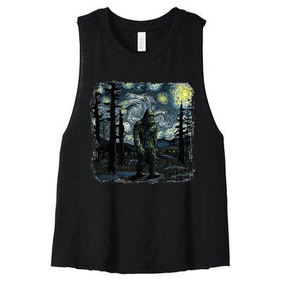 Bigfoot Starry Night Sasquatch Van Gogh Sky Painting Art Women's Racerback Cropped Tank