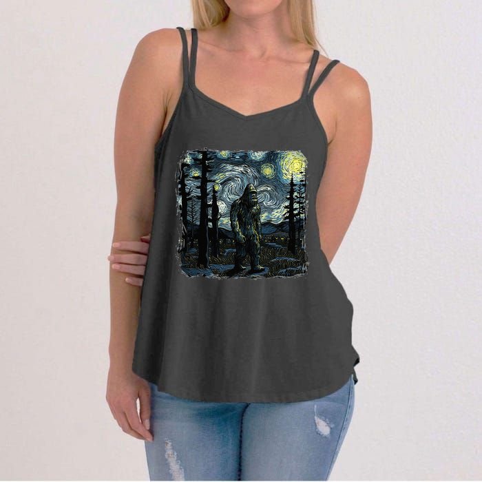 Bigfoot Starry Night Sasquatch Van Gogh Sky Painting Art Women's Strappy Tank