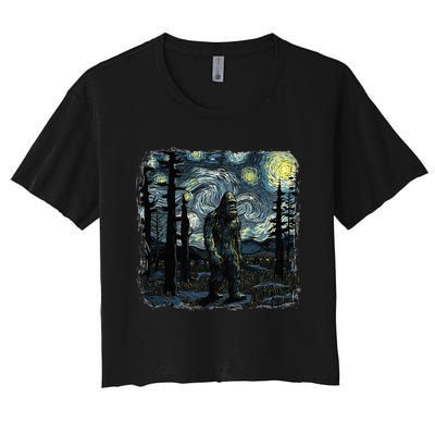 Bigfoot Starry Night Sasquatch Van Gogh Sky Painting Art Women's Crop Top Tee