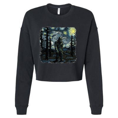 Bigfoot Starry Night Sasquatch Van Gogh Sky Painting Art Cropped Pullover Crew