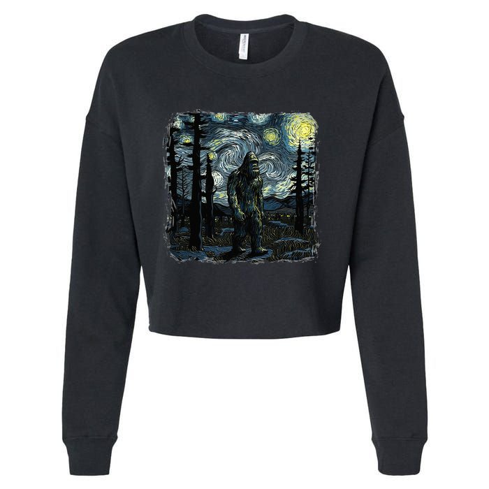 Bigfoot Starry Night Sasquatch Van Gogh Sky Painting Art Cropped Pullover Crew